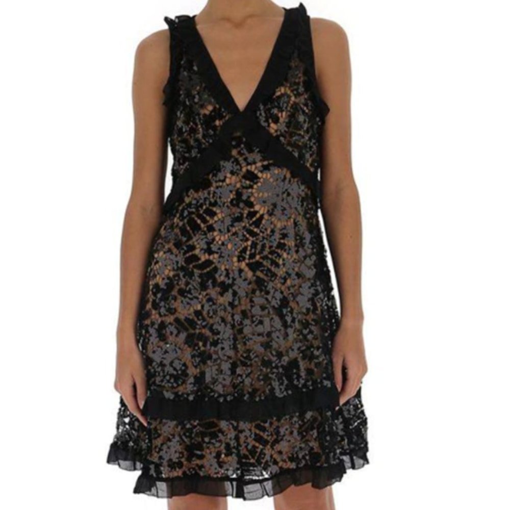Ruffle Trimmed Sequined Lace Dress In Black - NEW - Picture 2 of 11
